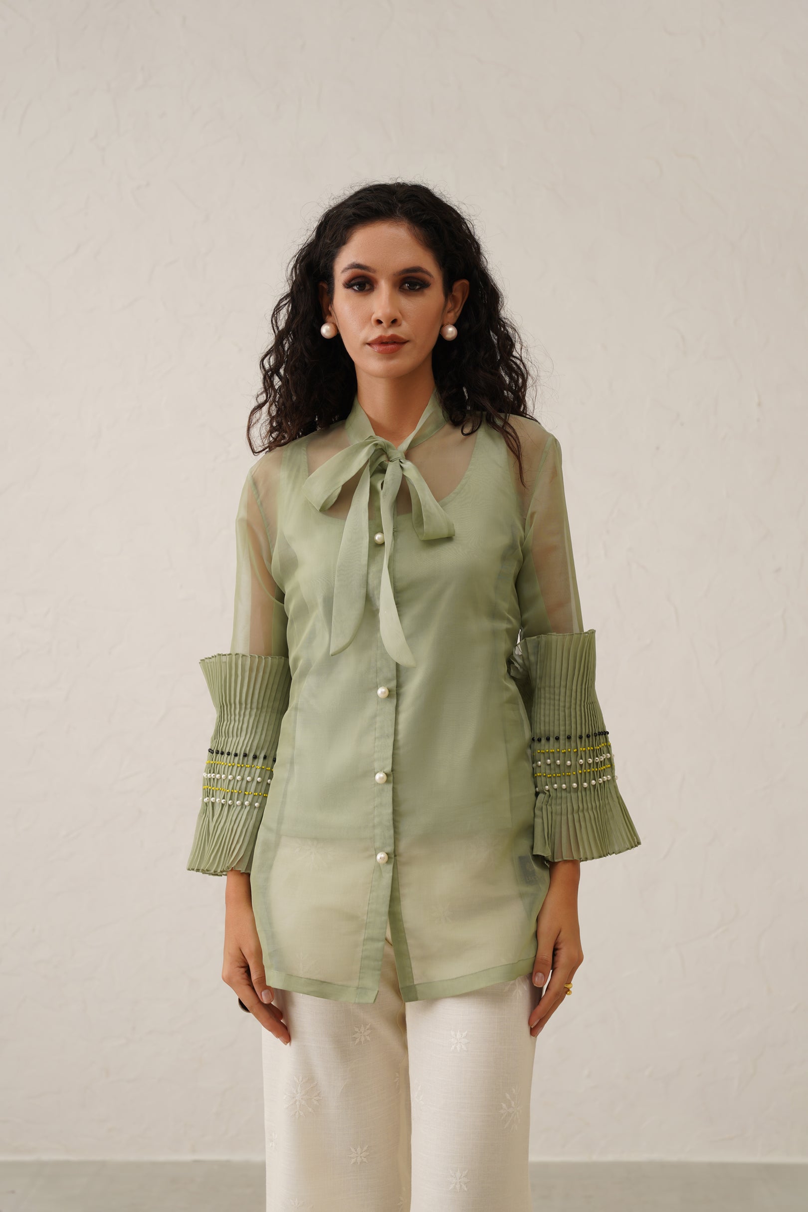 Green Pearl Bow Tie Shirt