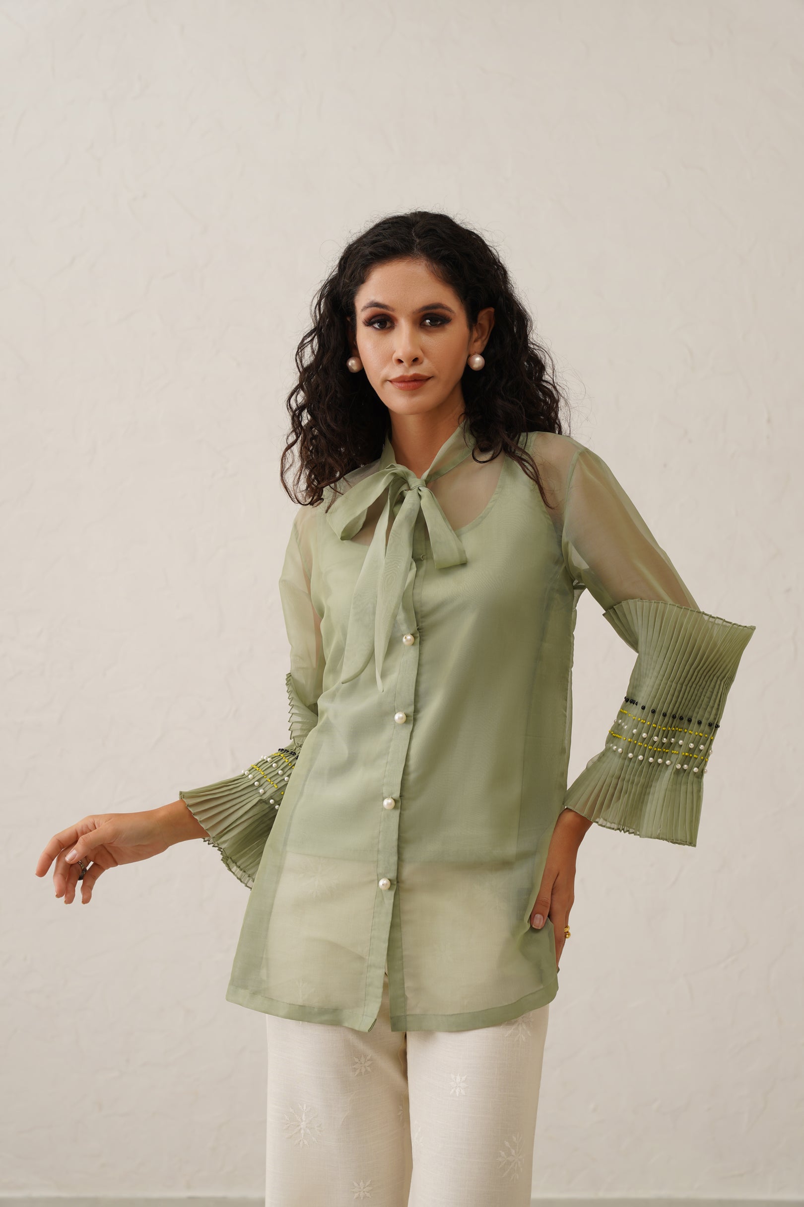 Green Pearl Bow Tie Shirt