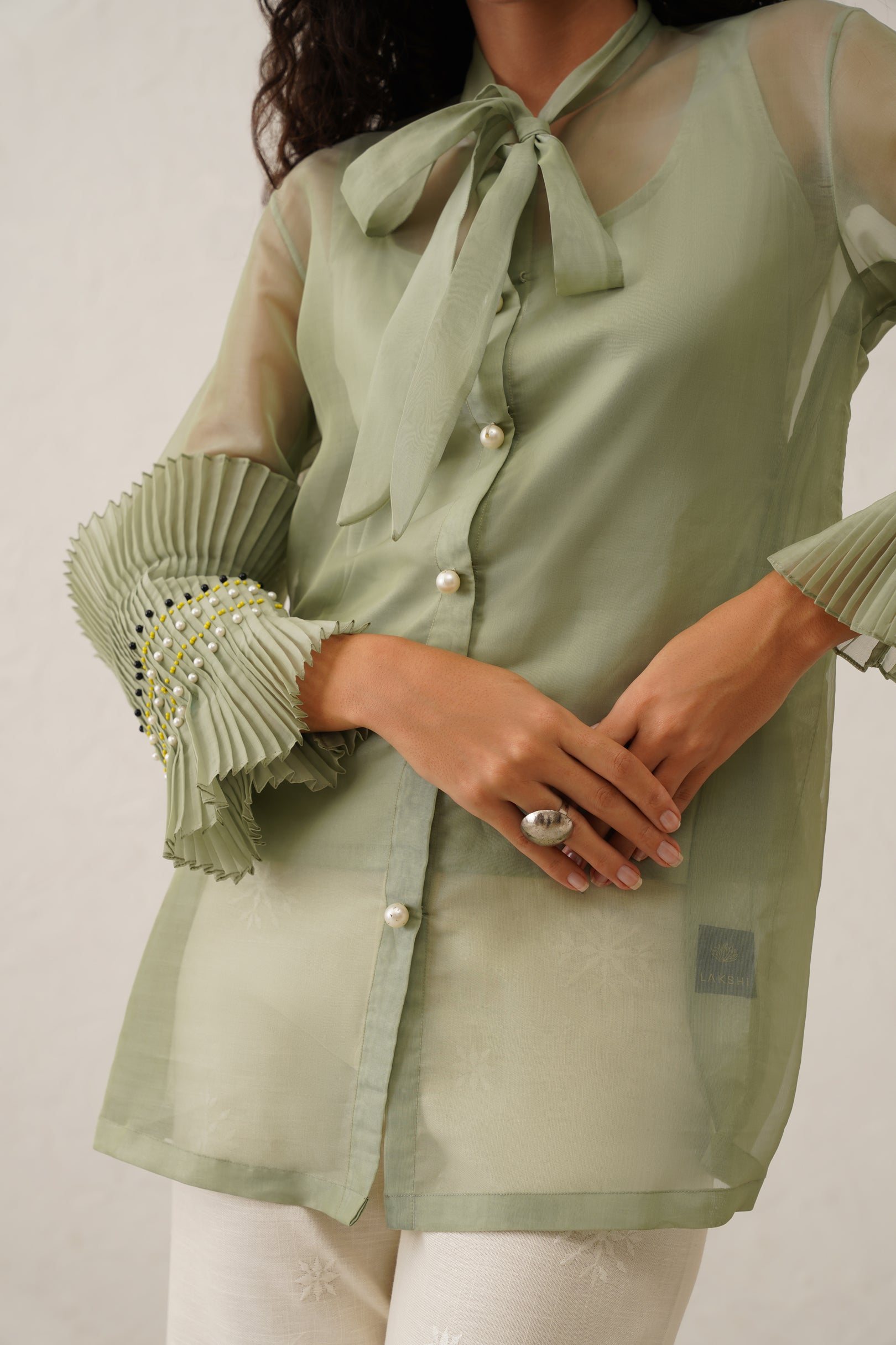 Green Pearl Bow Tie Shirt