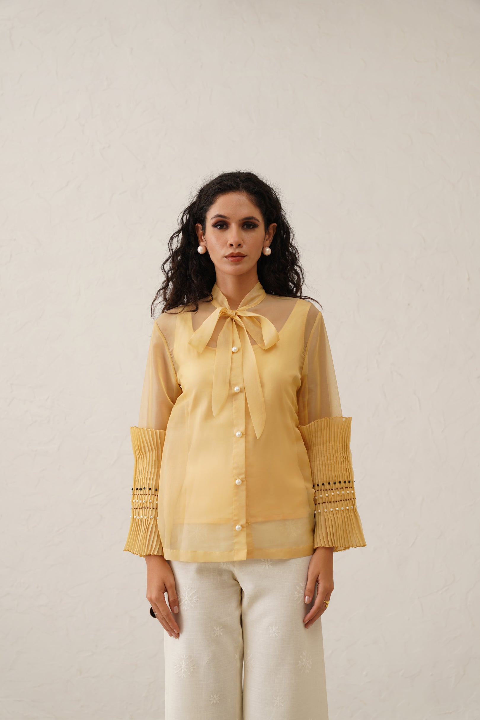 Yellow Pearl Bow Tie Shirt