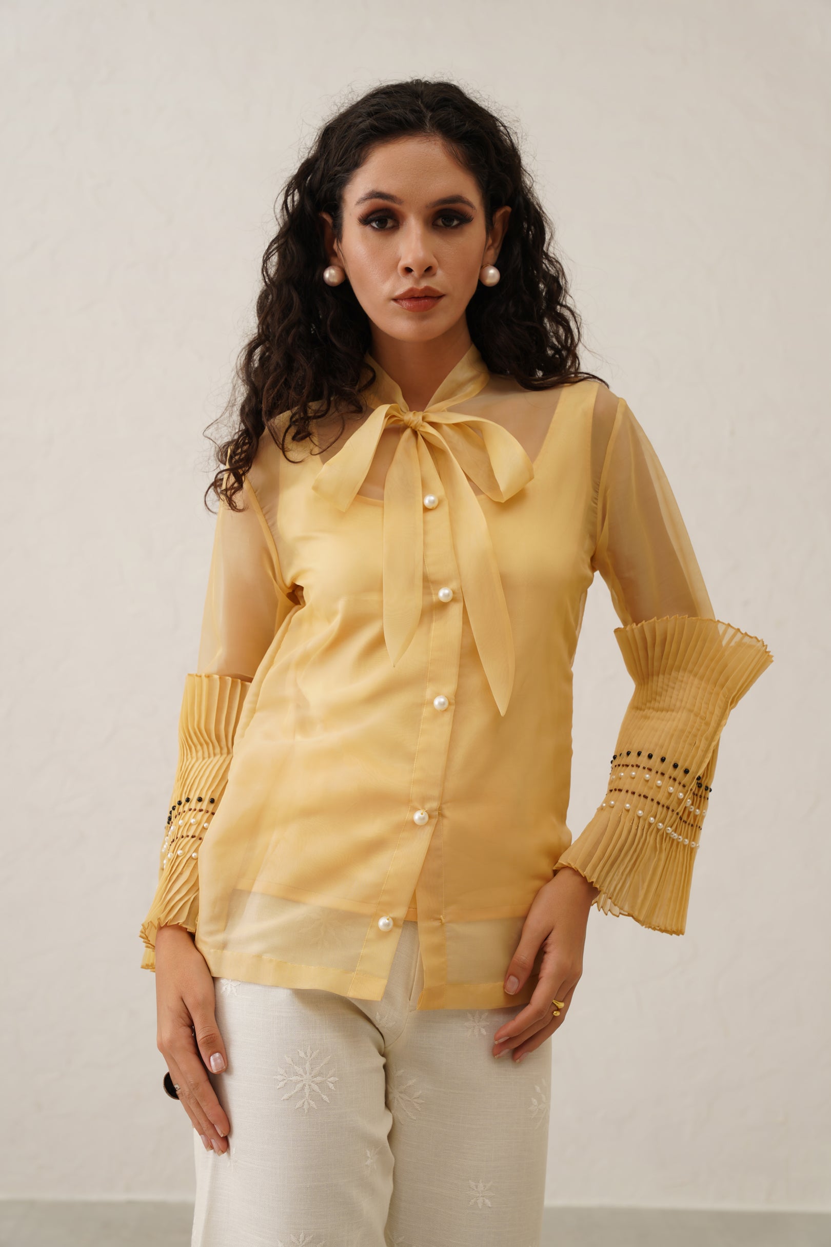 Yellow Pearl Bow Tie Shirt